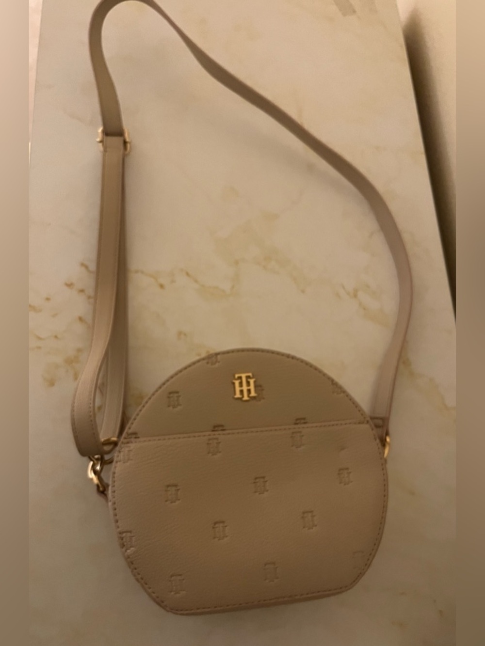 Tommy Hilfiger Taupe Round Crossbody Bag with Gold Logo